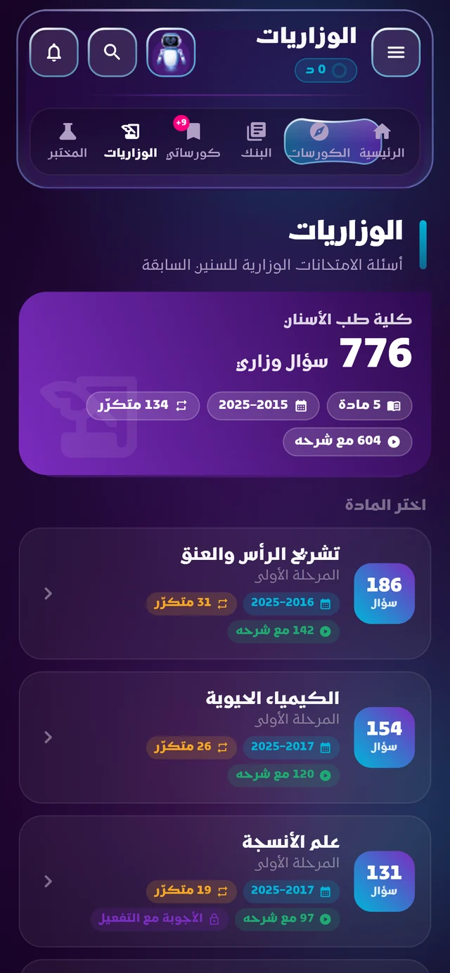 الوزاريات: أسئلة السنوات السابقة مرتبة بحسب المادة